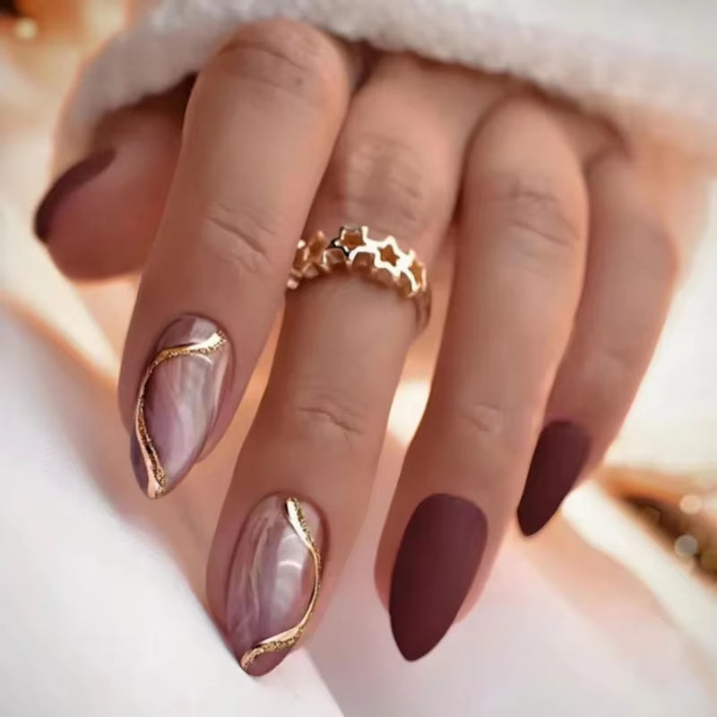 Matte Almond Nails with Elegant Rose Leaf Design