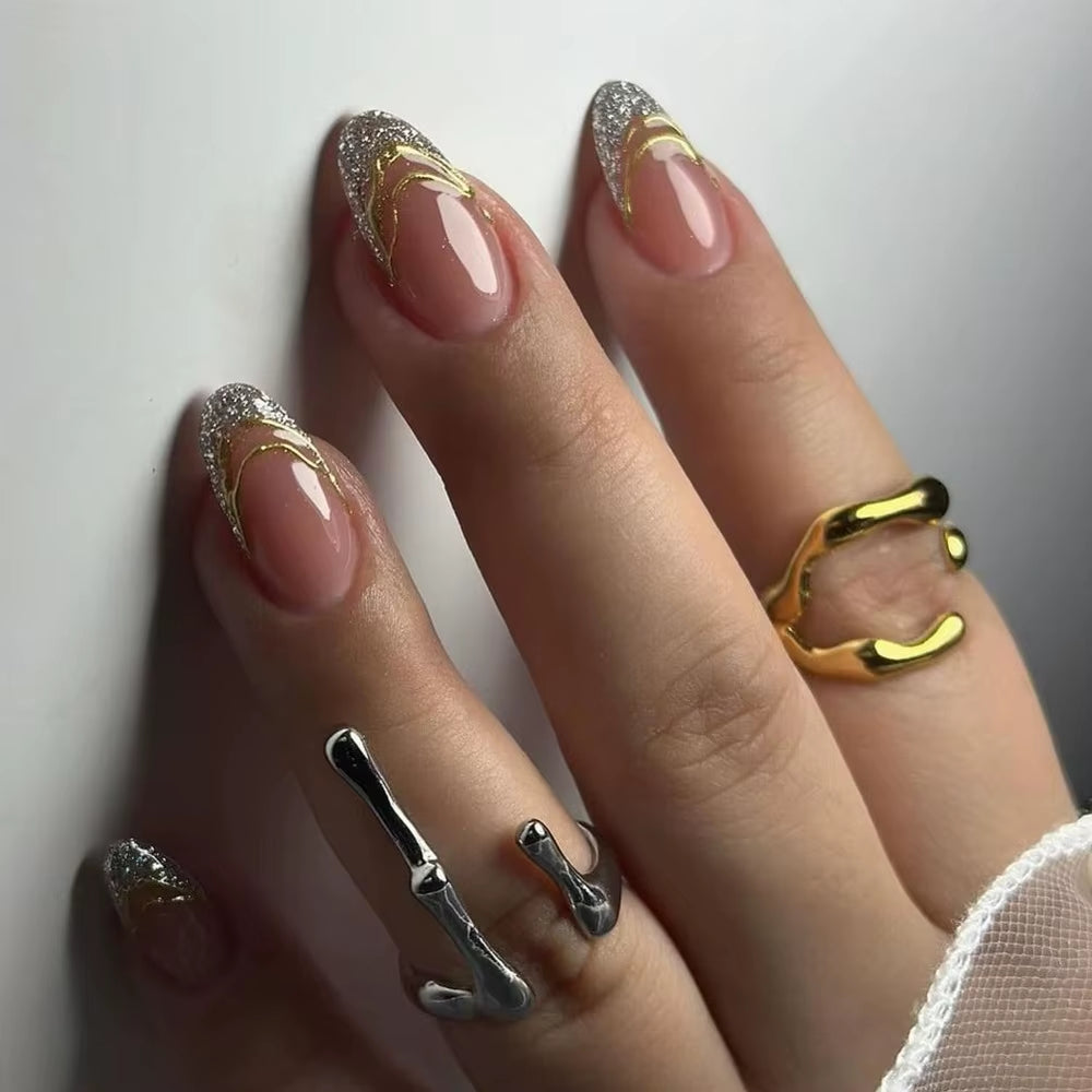 Metallic Cat Eye French Press On Nails Nude Pink Almond