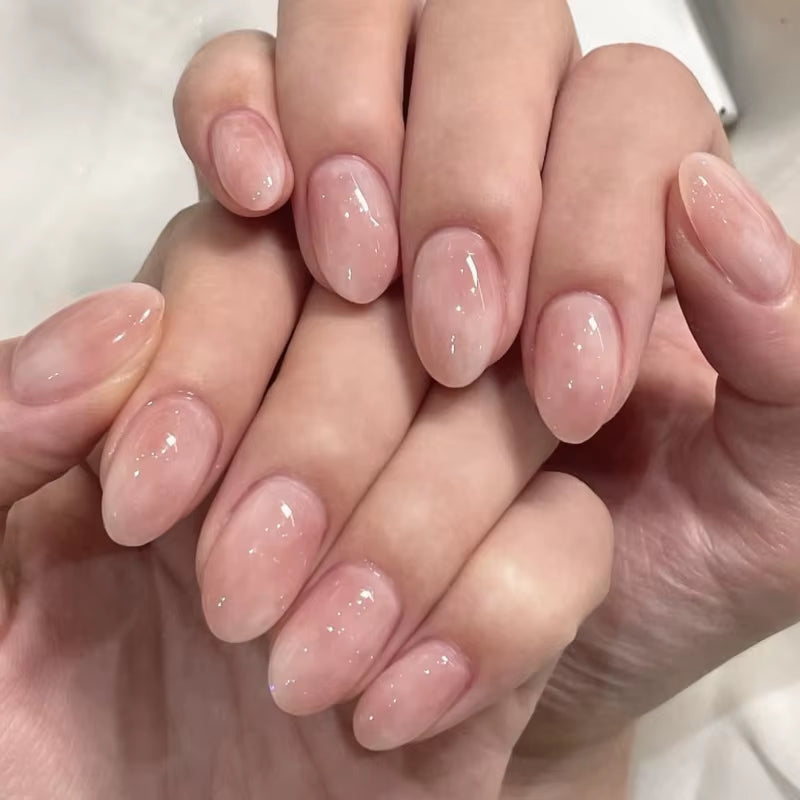 Metallic Cat Eye French Press On Nails Nude Pink Almond