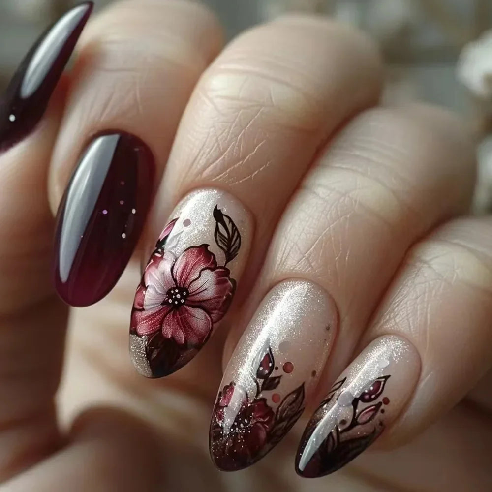 Matte Almond Nails with Elegant Rose Leaf Design