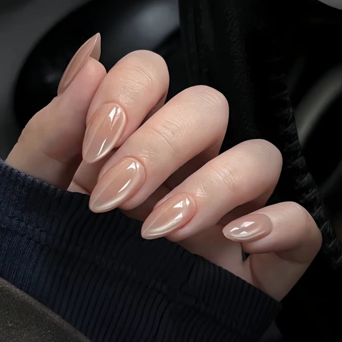 Metallic Cat Eye French Press On Nails Nude Pink Almond