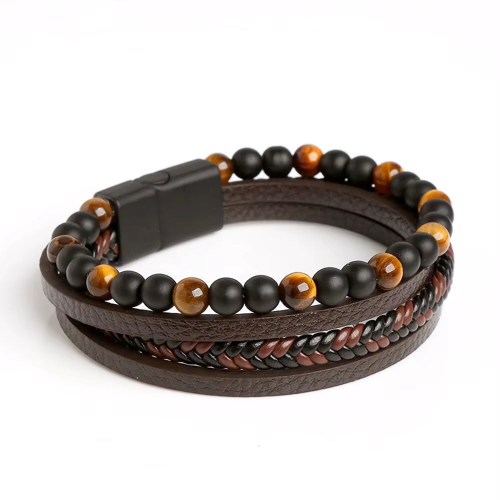 Tiger Eye Beaded Multi Layer Leather Bracelet