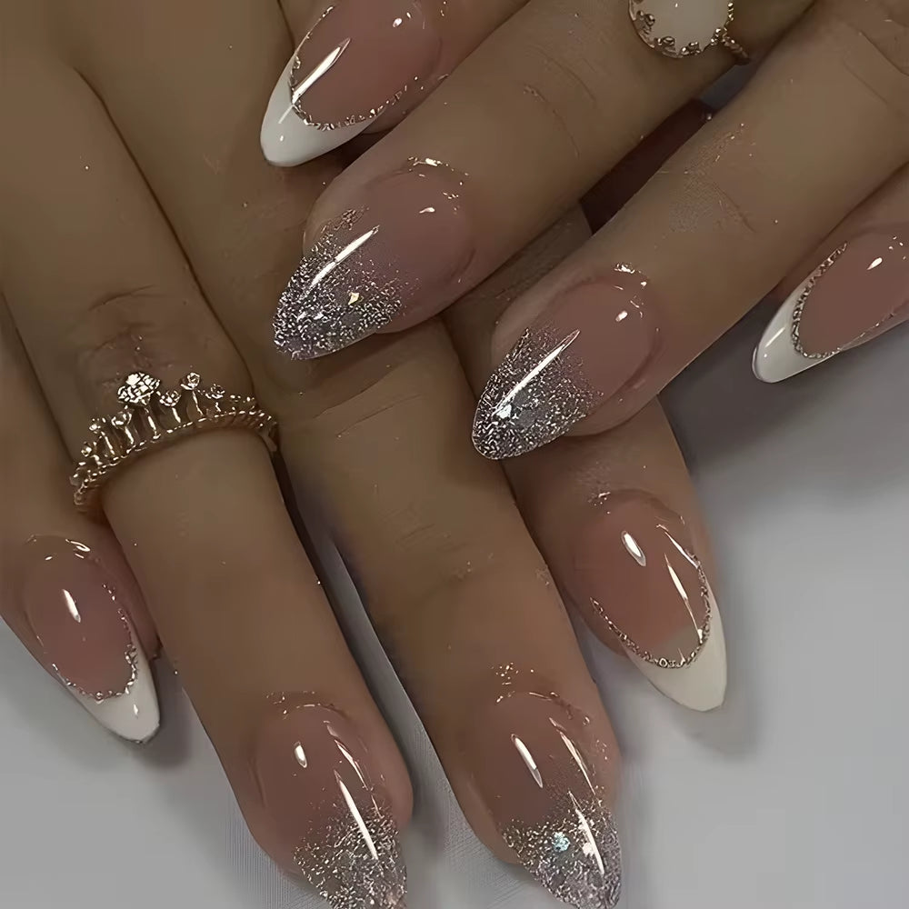 Metallic Cat Eye French Press On Nails Nude Pink Almond