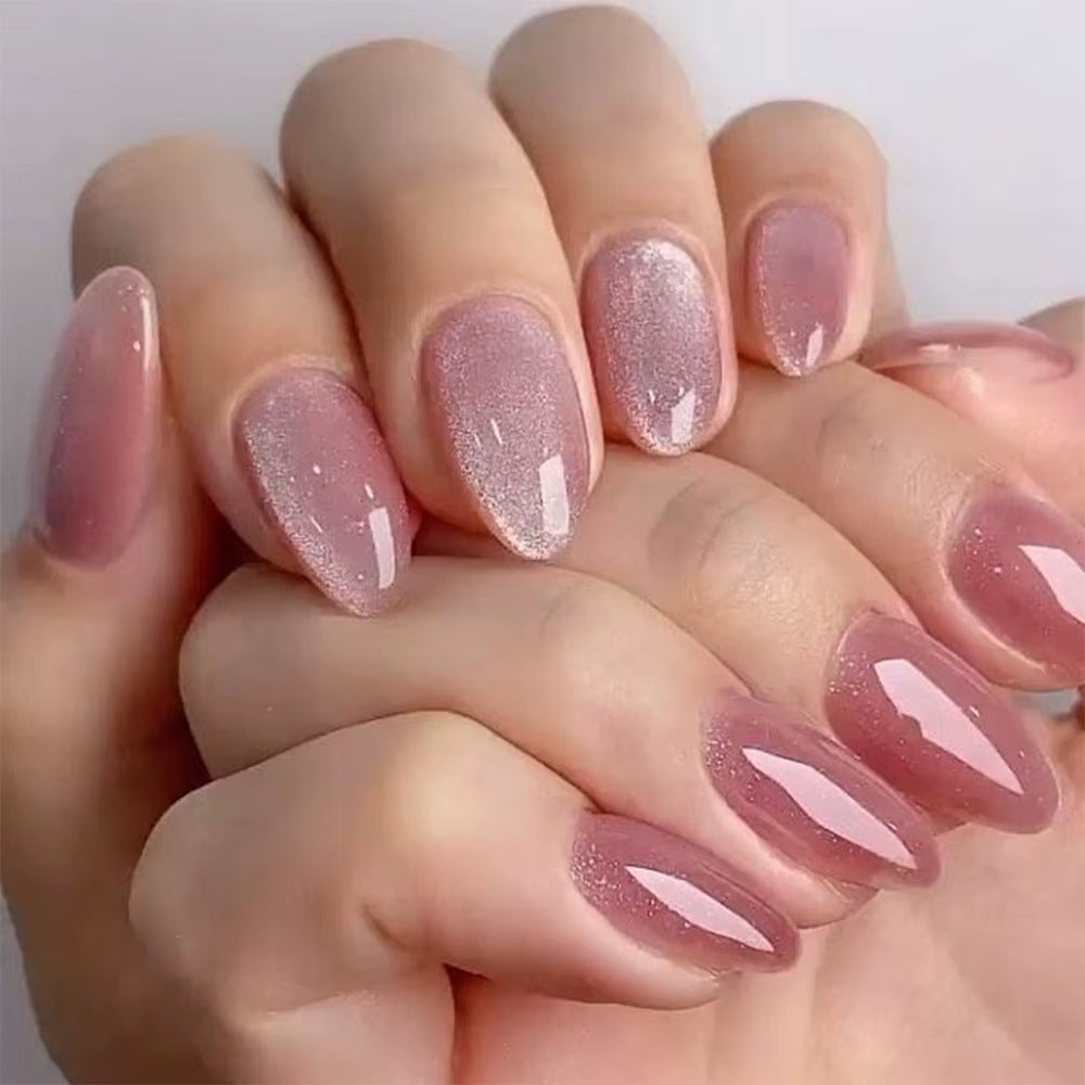Metallic Cat Eye French Press On Nails Nude Pink Almond