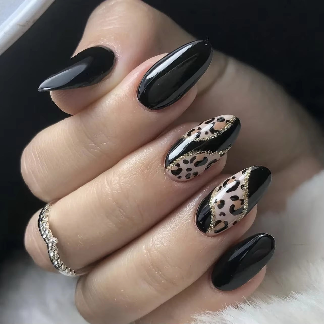 Matte Almond Nails with Elegant Rose Leaf Design