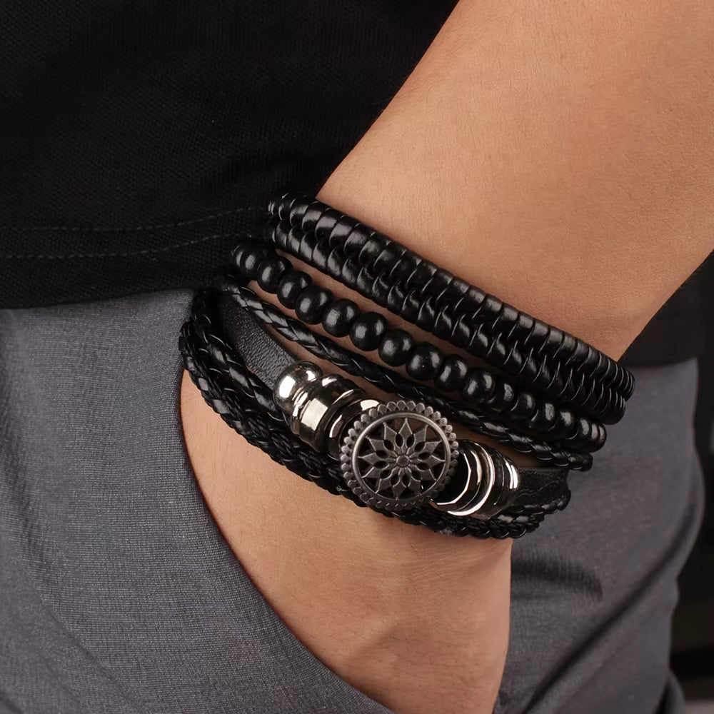 4Pcs Set Braided Wrap Leather Bracelets