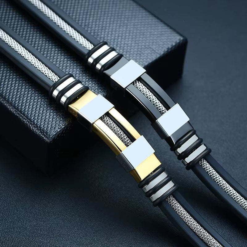 Black Grooved Silicone Stainless Steel Wrist Band