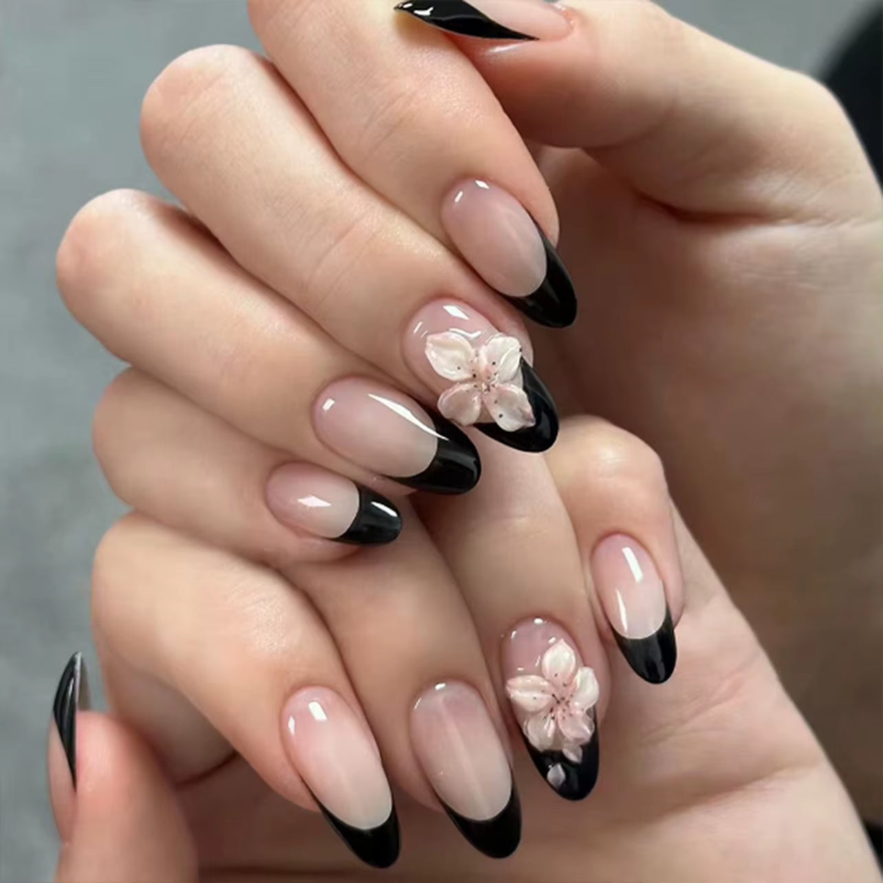 Matte Almond Nails with Elegant Rose Leaf Design