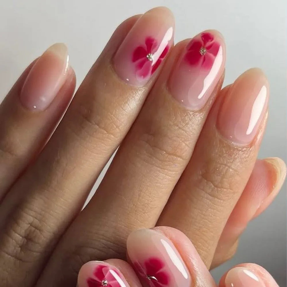 Matte Almond Nails with Elegant Rose Leaf Design