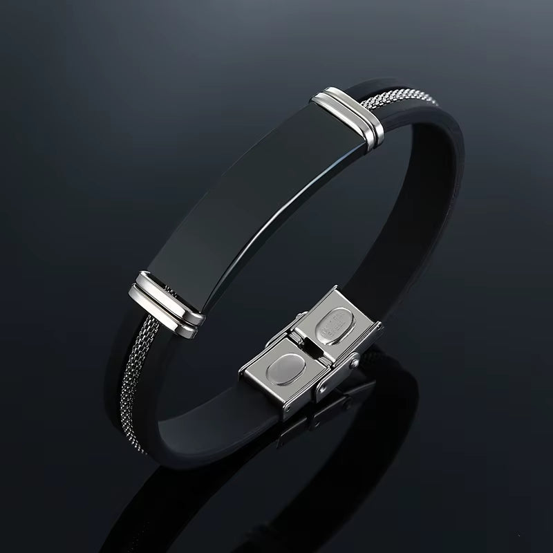 Black Grooved Silicone Stainless Steel Wrist Band