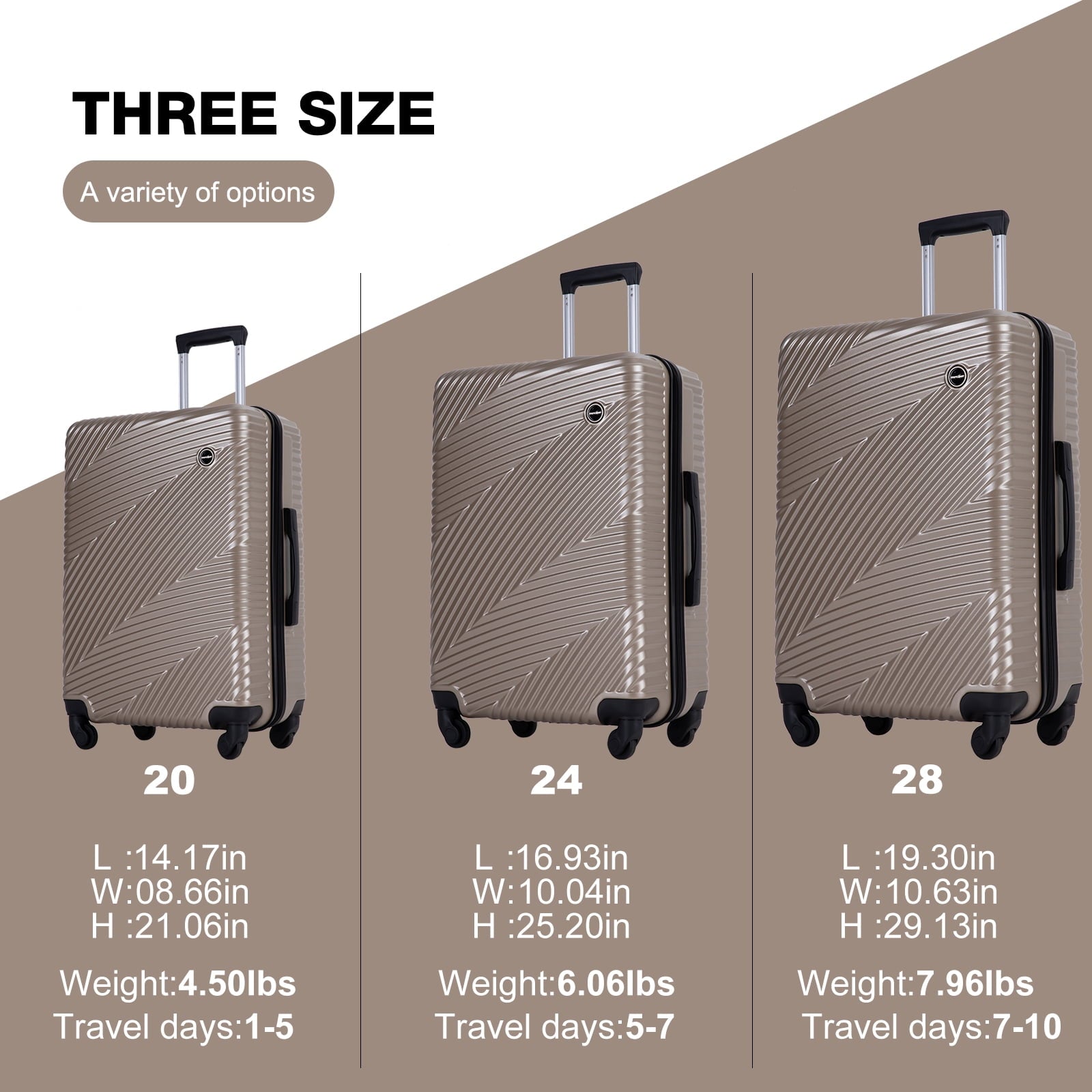 Luggage 3 Piece Set, Suitcase Set with Spinner Wheels Hardside Lightweight Luggage Set 20In 24In 28In (Golden)