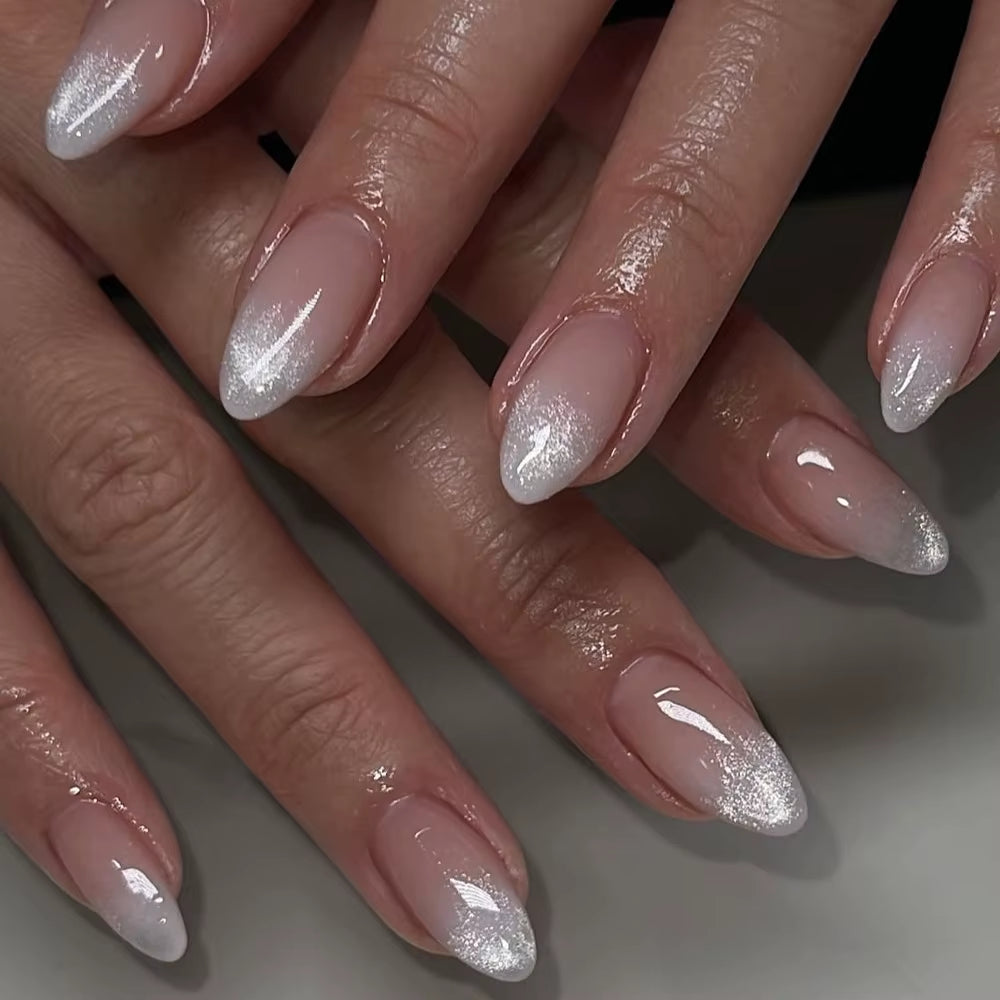 Metallic Cat Eye French Press On Nails Nude Pink Almond