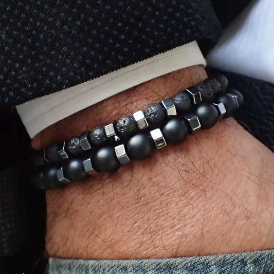 Frosted Black Bead Volcanic Stone Bracelet Set