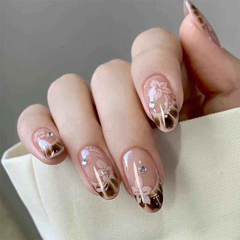 Matte Almond Nails with Elegant Rose Leaf Design