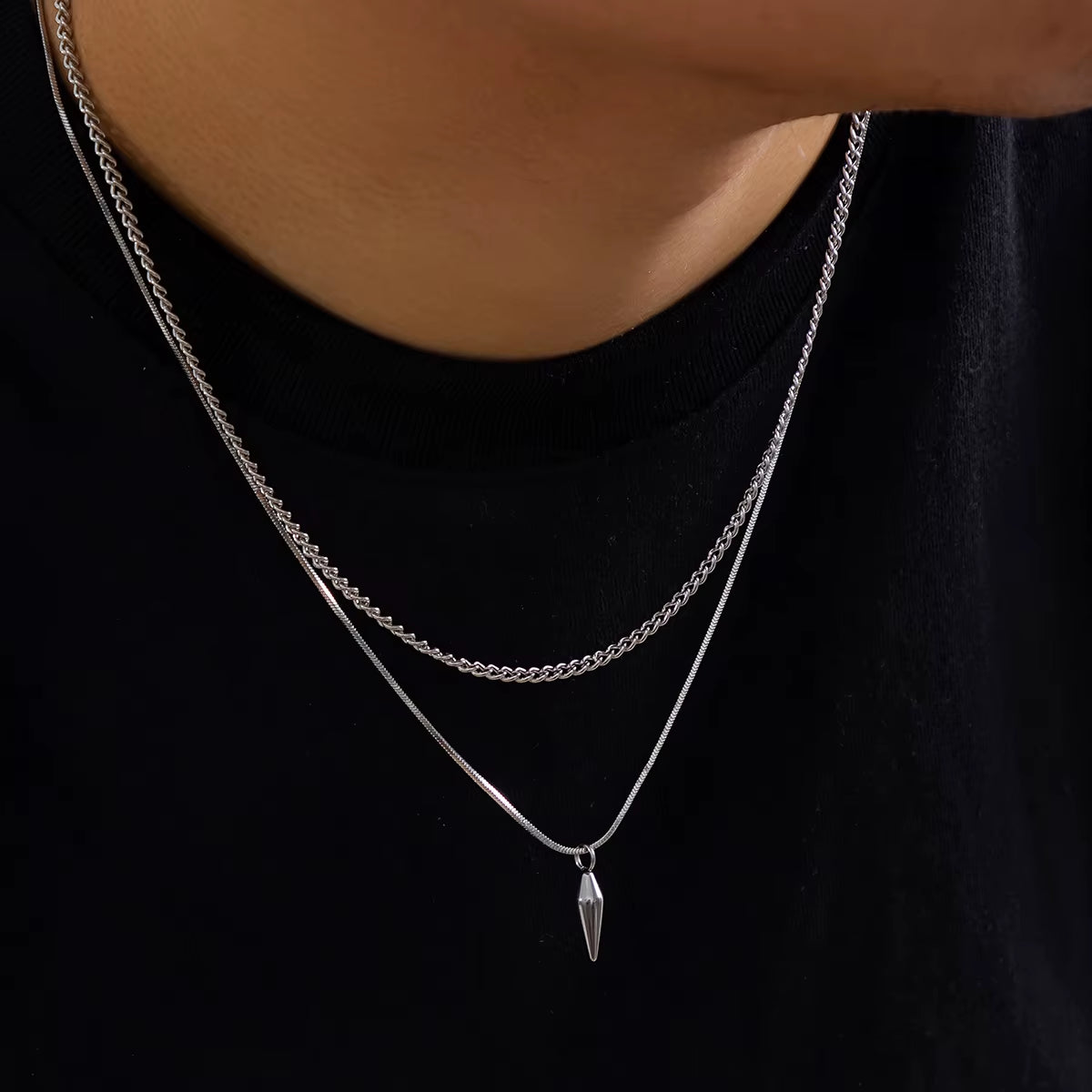 2Pcs Stainless Steel Rivet Pendant Snake Chain Necklace 