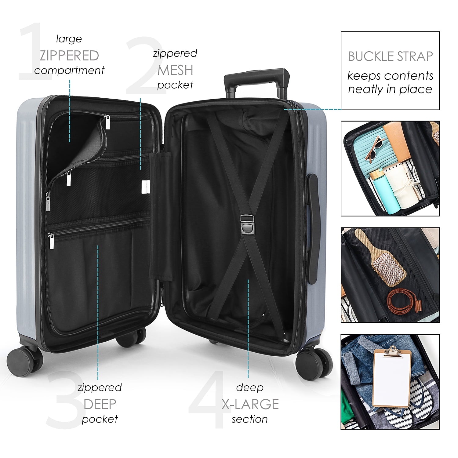 20 Inch Hardside Carry-On Expandable Luggage, Front Pocket Luggage Set Spinner Suitcase Set, Grey