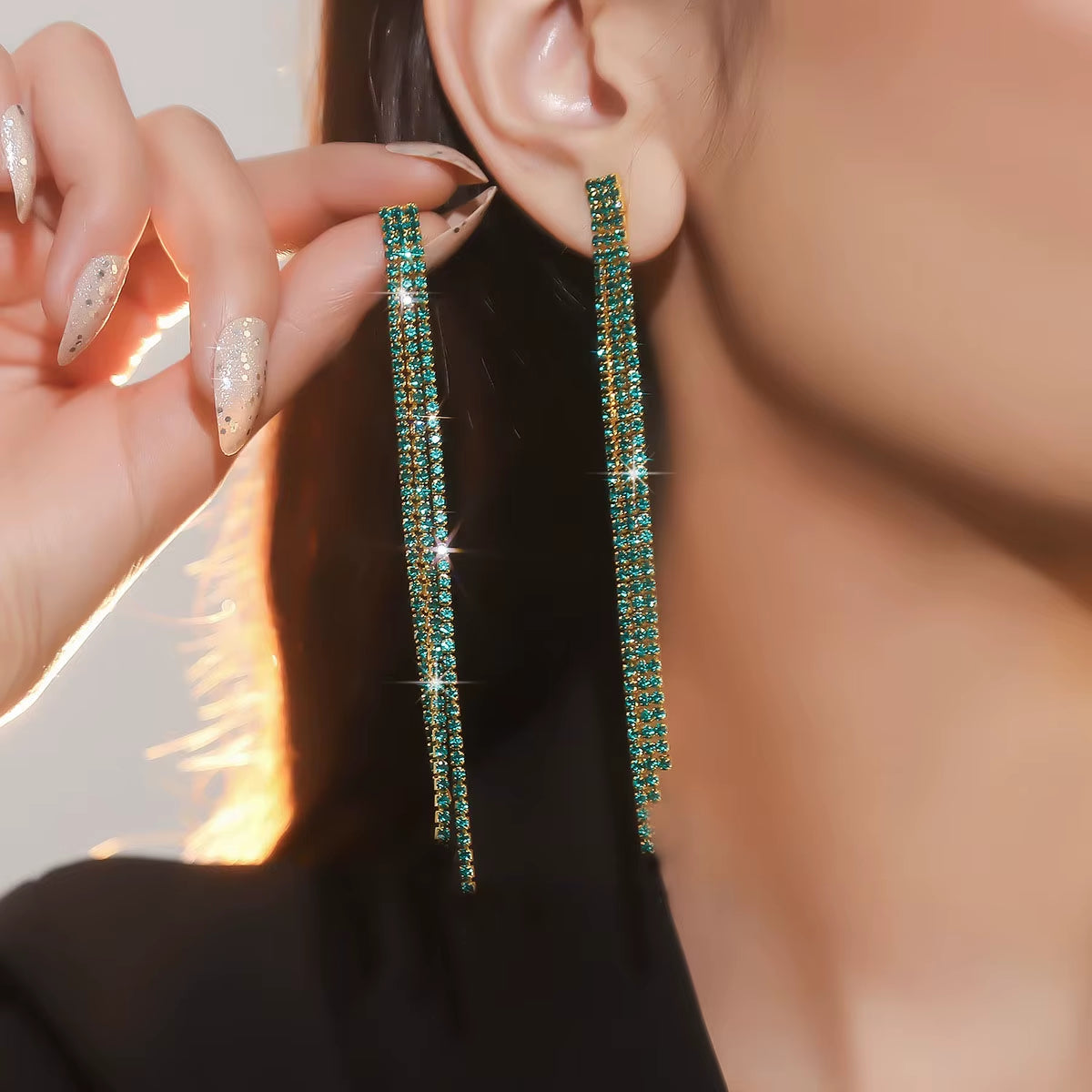 Shiny Rhinestone Crystal Tassel Long Earrings