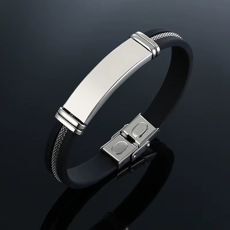 Black Grooved Silicone Stainless Steel Wrist Band