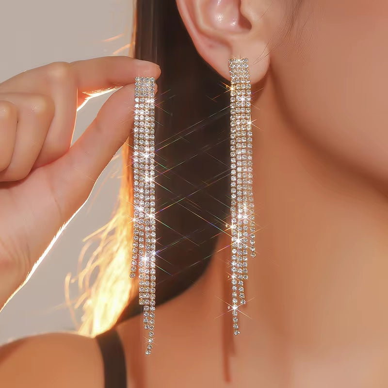 Shiny Rhinestone Crystal Tassel Long Earrings