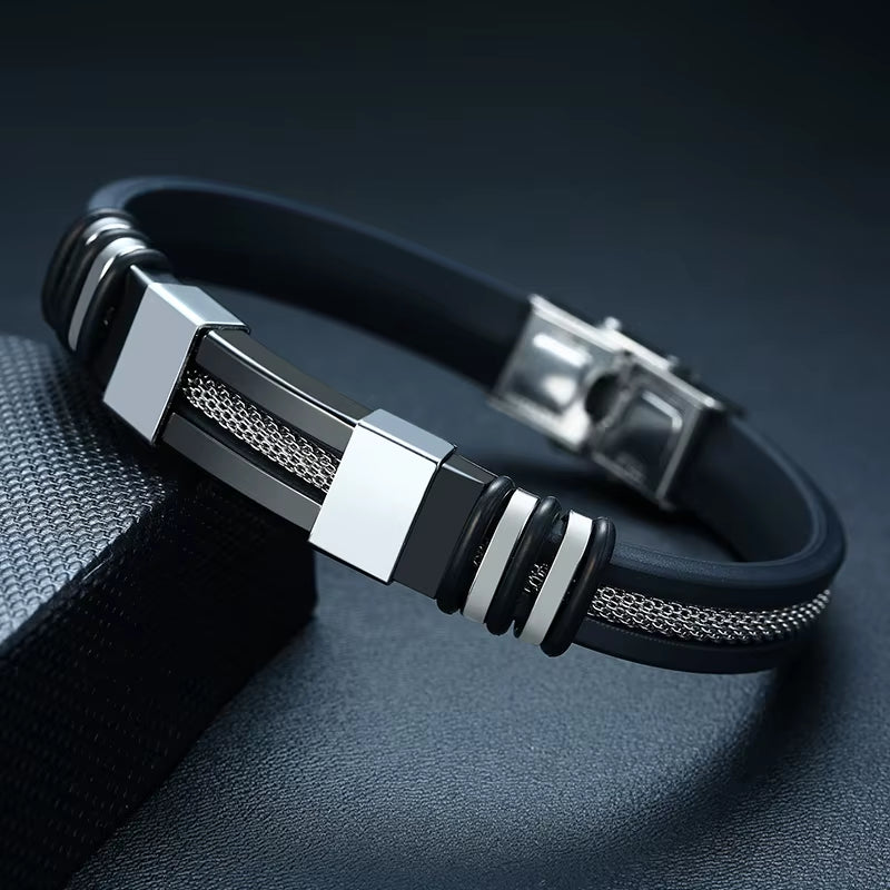 Black Grooved Silicone Stainless Steel Wrist Band