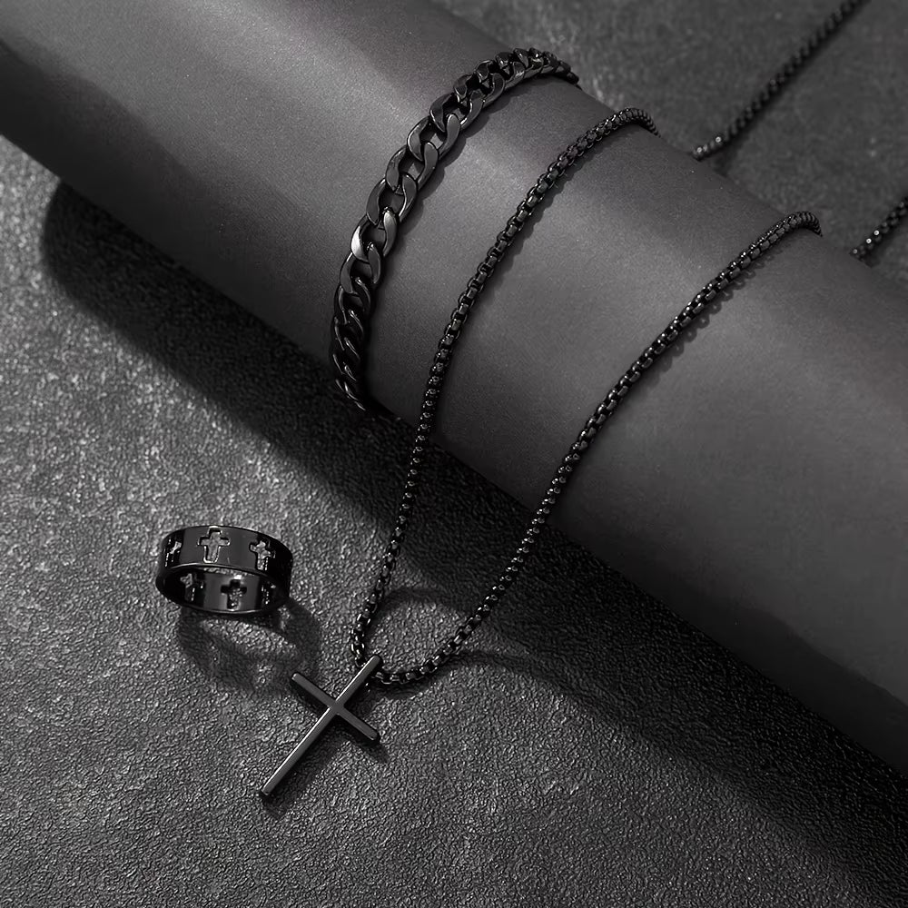 3Pcs Alloy Cross Necklace Bracelet & Ring Set