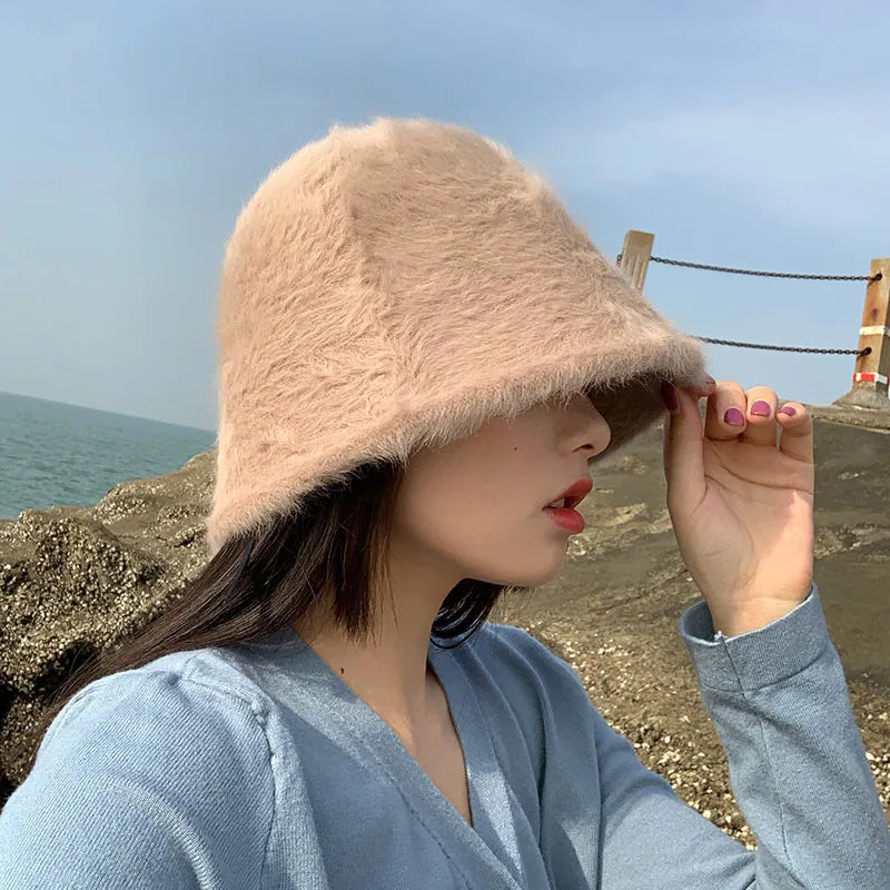 Women Bucket Fur Hat Solid Color Knitted Wool