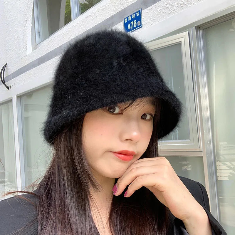 Women Bucket Fur Hat Solid Color Knitted Wool