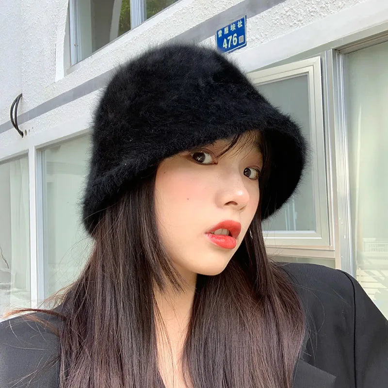 Women Bucket Fur Hat Solid Color Knitted Wool