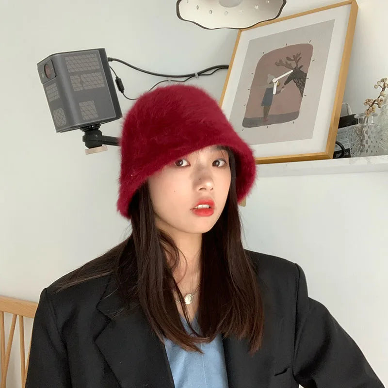 Women Bucket Fur Hat Solid Color Knitted Wool