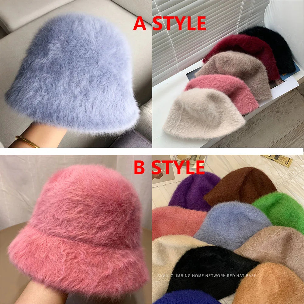 Women Bucket Fur Hat Solid Color Knitted Wool