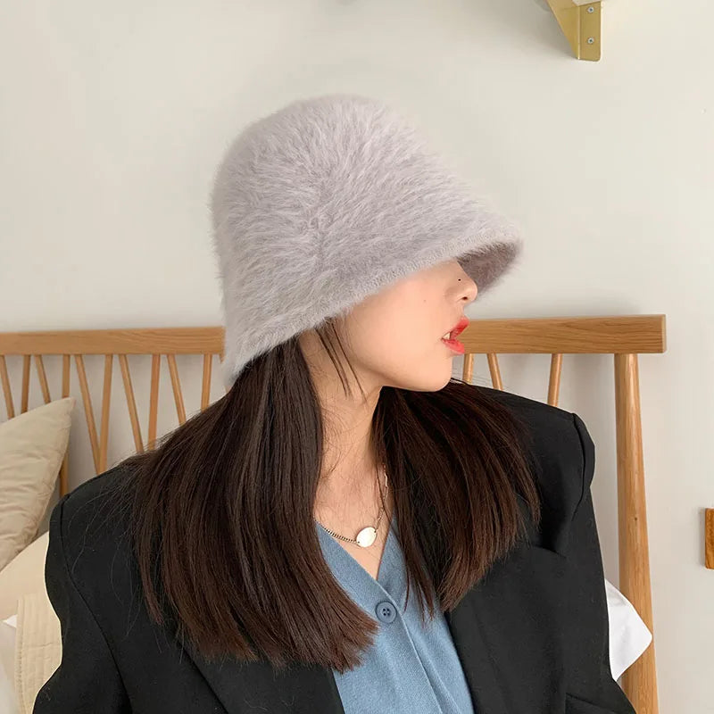Women Bucket Fur Hat Solid Color Knitted Wool