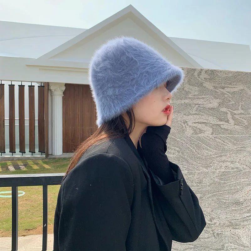 Women Bucket Fur Hat Solid Color Knitted Wool