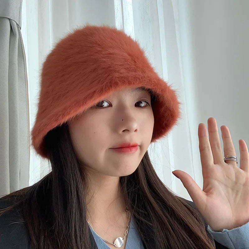 Women Bucket Fur Hat Solid Color Knitted Wool