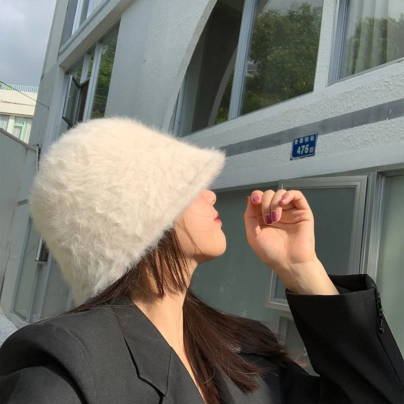 Women Bucket Fur Hat Solid Color Knitted Wool