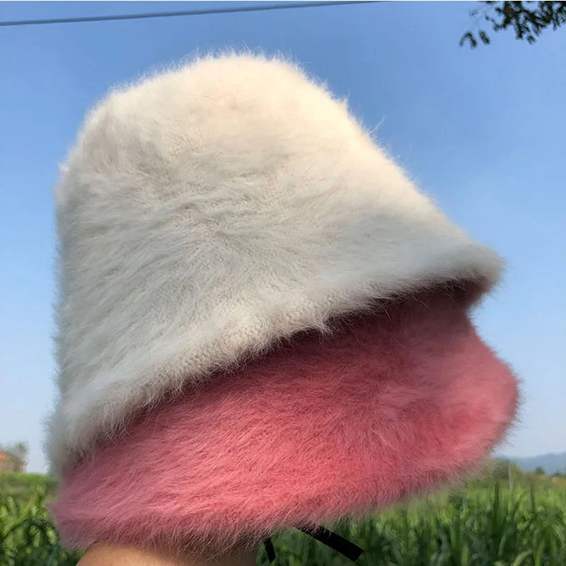 Women Bucket Fur Hat Solid Color Knitted Wool