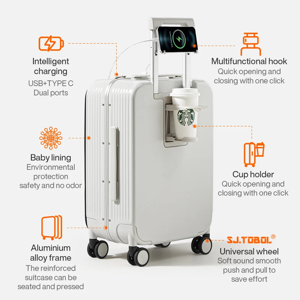 New Aluminum Frame Suitcase Carry on Rolling Luggage with USB Port Boarding Cabin Cup and Phone Holder 20 24 Inch