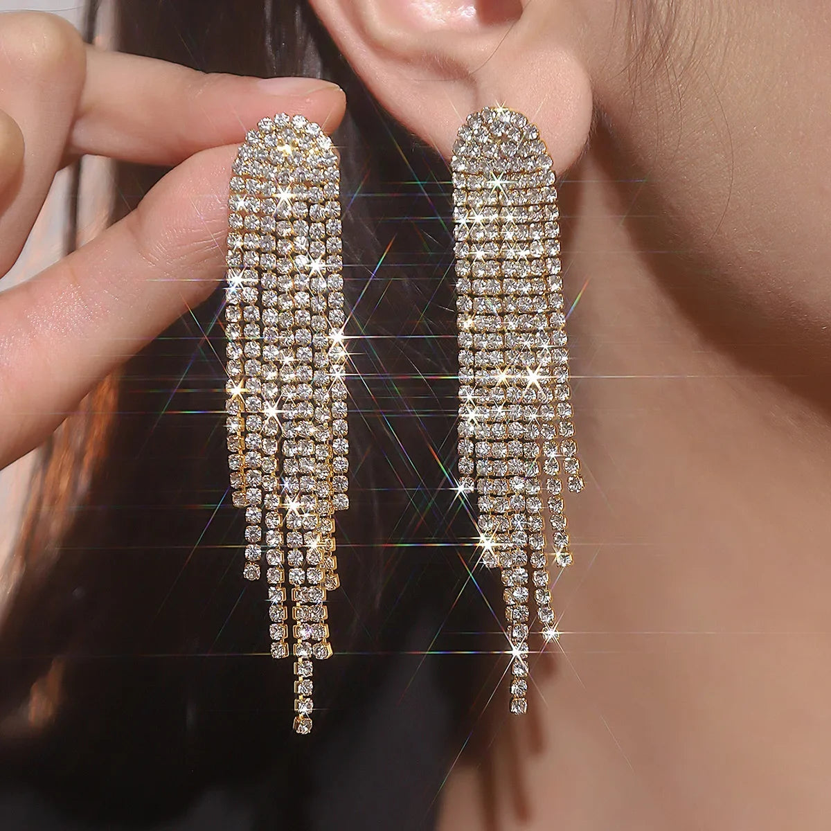 Long Tassel Drop Rhinestone Earrings