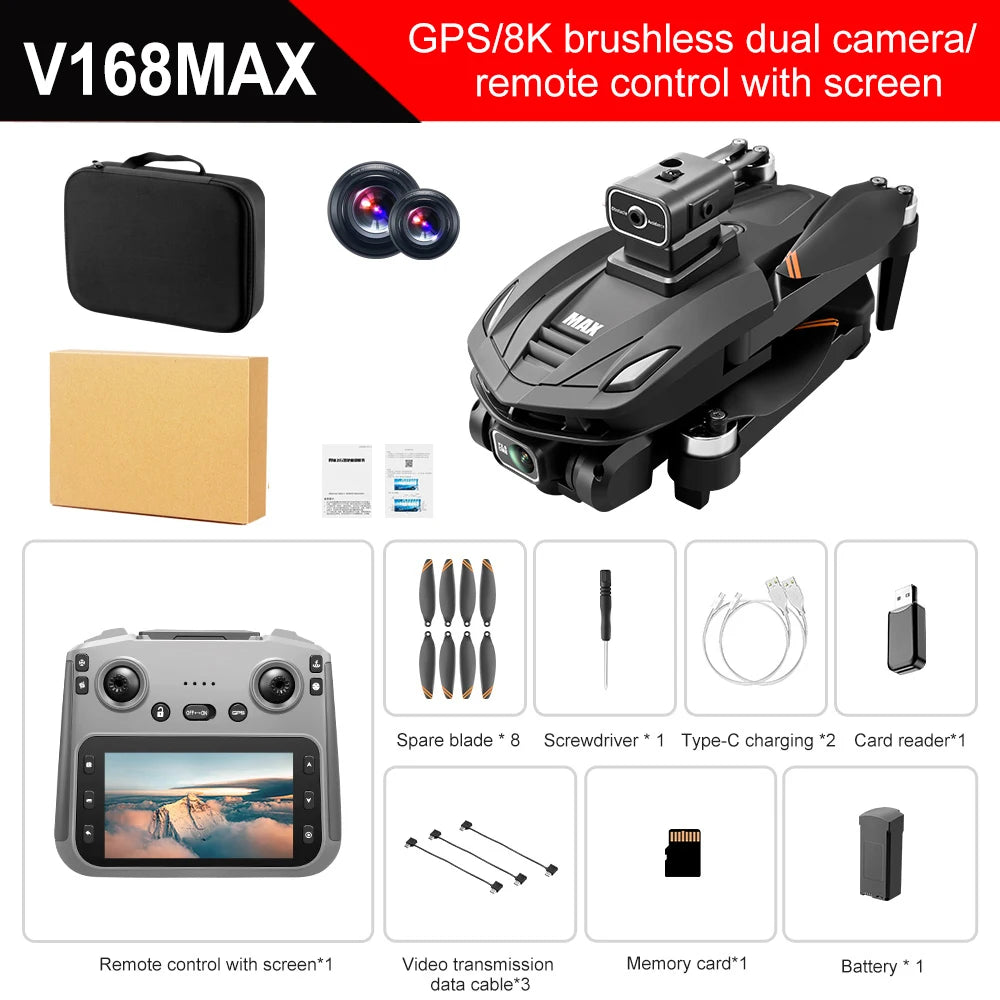 V168 Pro MAX GPS Drone with 8K HD Camera, 5G WIFI FPV, 360° Obstacle Avoidance & Large Screen RC Quadcopter
