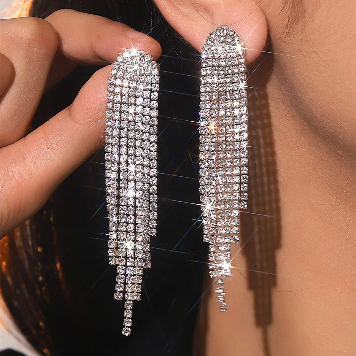 Long Tassel Drop Rhinestone Earrings