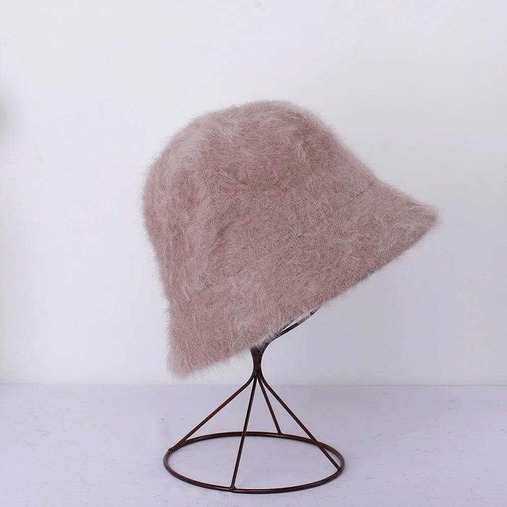 Women Bucket Fur Hat Solid Color Knitted Wool