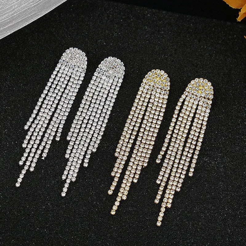 Long Tassel Drop Rhinestone Earrings