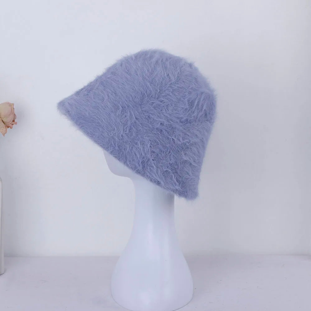 Women Bucket Fur Hat Solid Color Knitted Wool