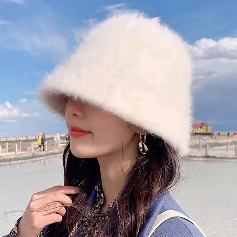 Women Bucket Fur Hat Solid Color Knitted Wool