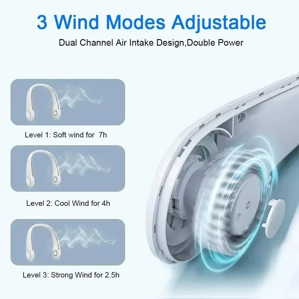 Portable Bladeless Neck Fan 1200Mah Rechargeable Air Cooler 3 Speed