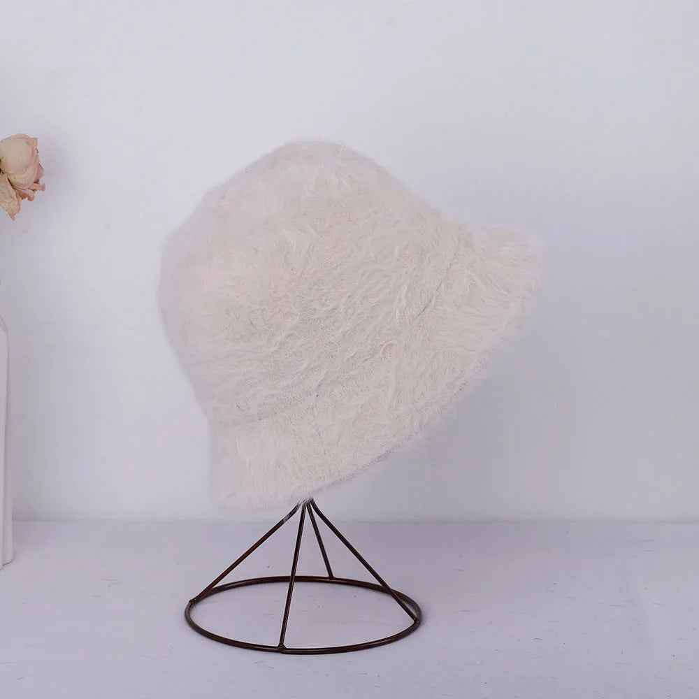 Women Bucket Fur Hat Solid Color Knitted Wool