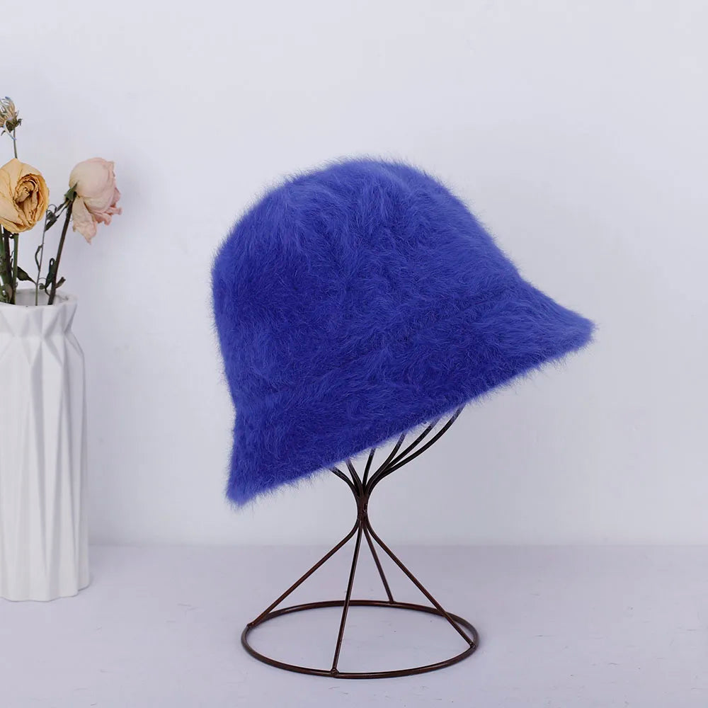 Women Bucket Fur Hat Solid Color Knitted Wool
