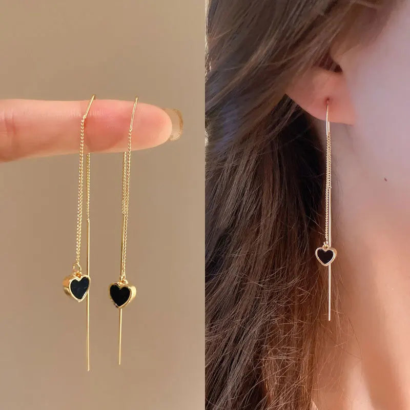Black Heart Long Hanging Earrings