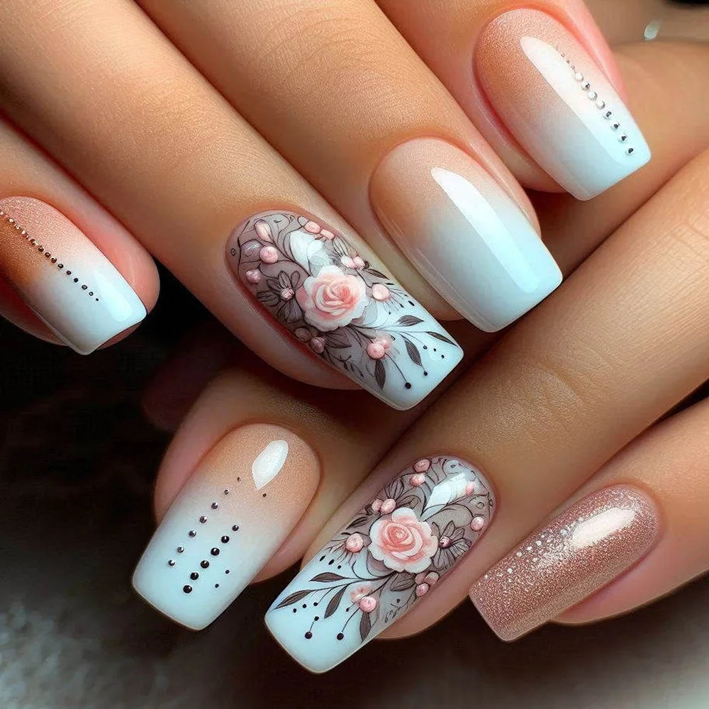 Floral Nail Art Ombre French Acrylic Nail Spice Girls