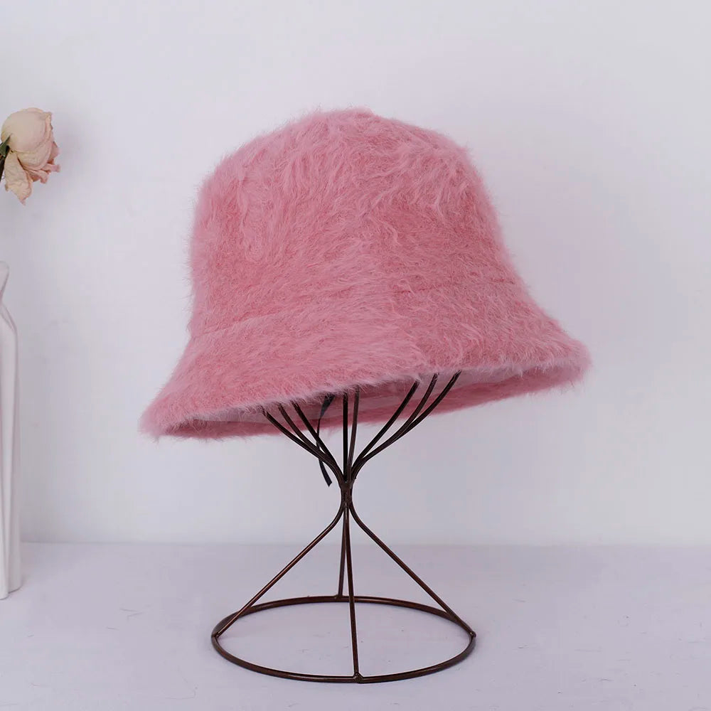 Women Bucket Fur Hat Solid Color Knitted Wool