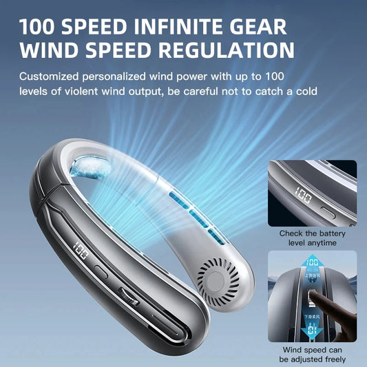 Portable Bladeless Neck Fan 8000Mah Rechargeable LED Digital Display Air Cooler